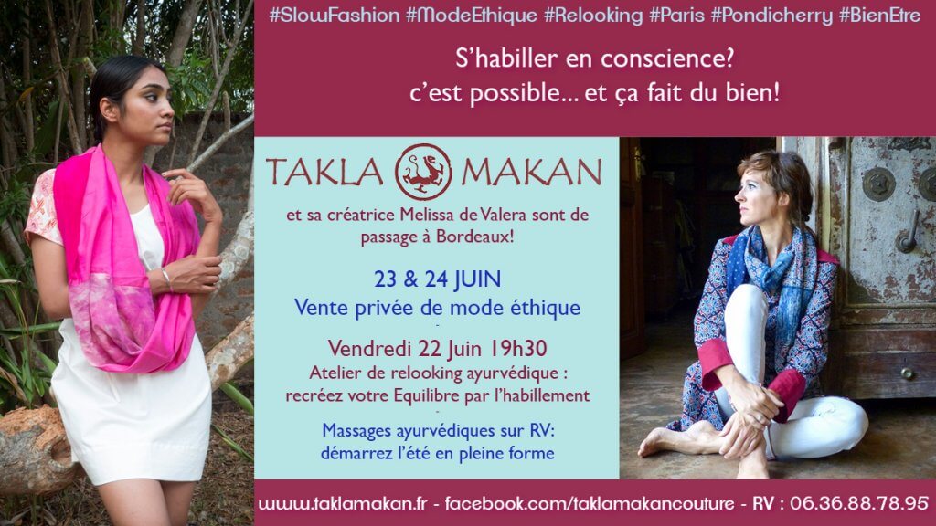 vente mode éthique Takla Makan, relooking et ayurveda par Melissa de Valera à Bordeaux
